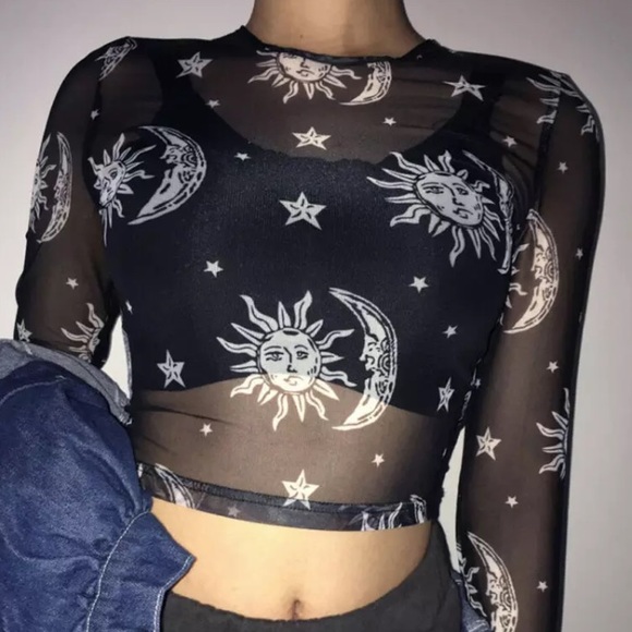 Black mesh sun moon & stars sheer crop top - Picture 7 of 15